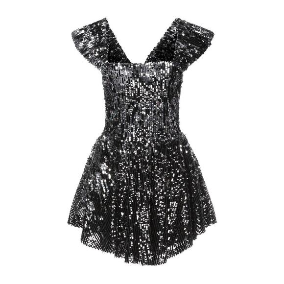 Aniye By Gemma Sequin Mini Dress in Black Medium Flutter Sleeve Ruffle Lined - Picture 1 of 6